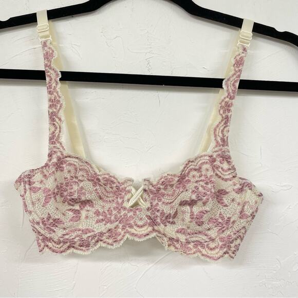 Cream Pink Embroidered Lace Floral Demi Bra 32A Delicate Girly Romantic Coquette - Picture 1 of 9
